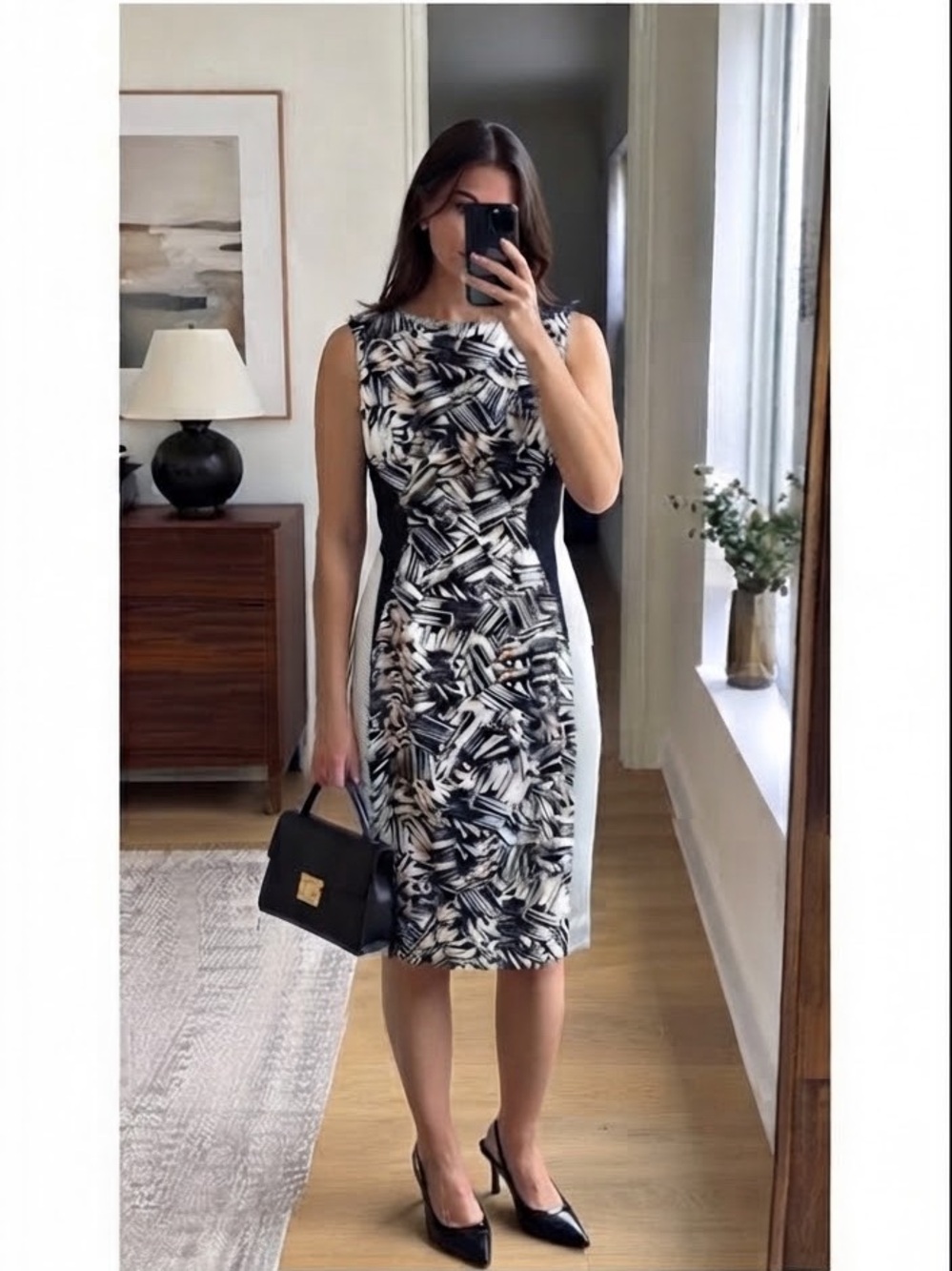 Karen Millen Black White Print Bodycon Sheath Pencil Work Dress US 8 Fits Small